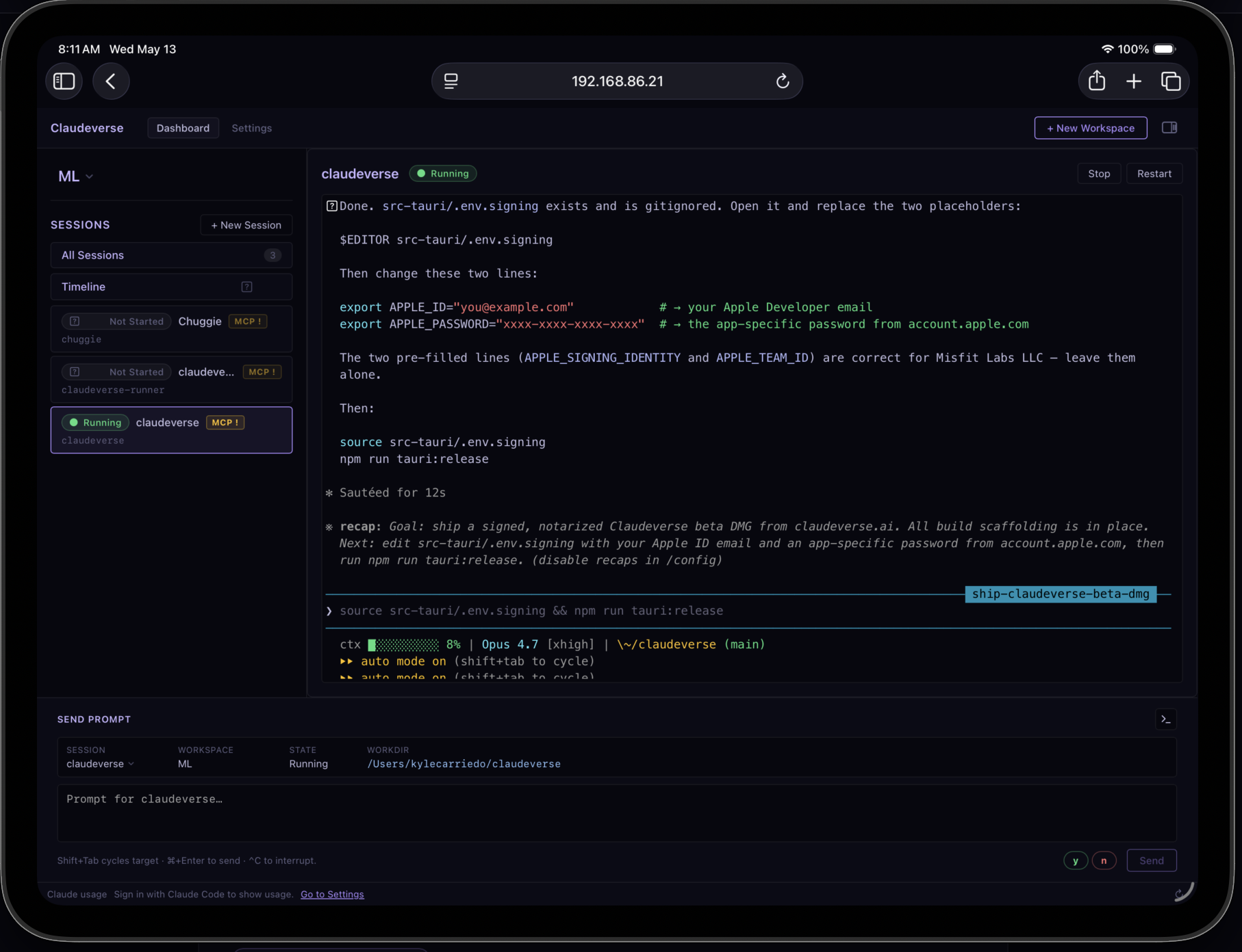 Claudeverse mirrored to an iPad over local WiFi